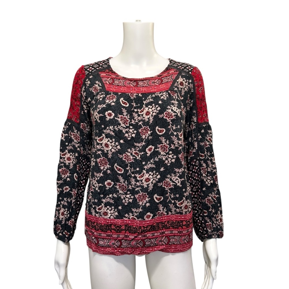 Knox Rose Patchwork Floral Bohemian Babydoll Top Red Blue Size XS